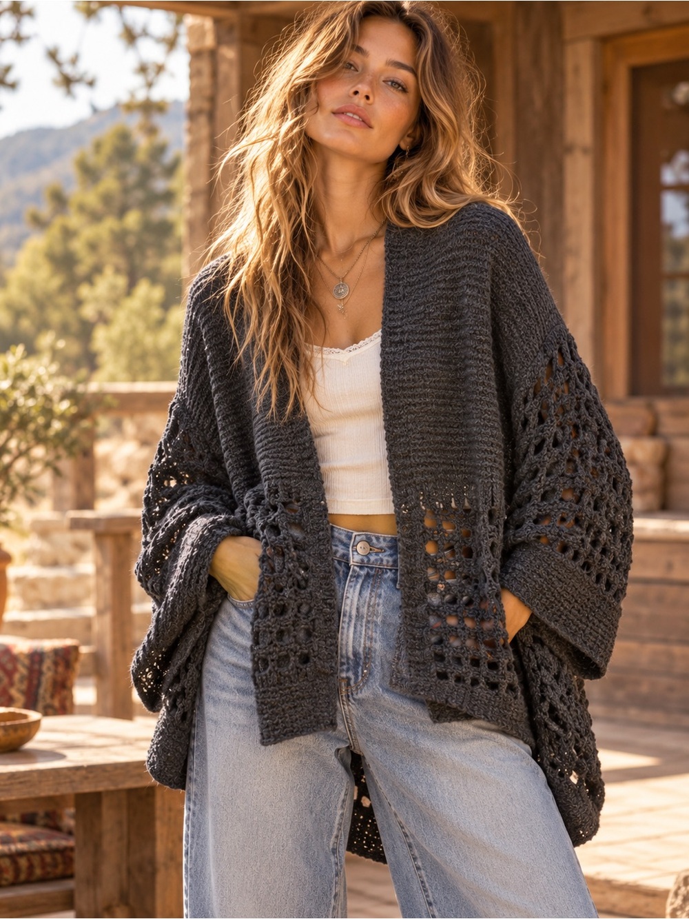 Do Everything in Love Cardigan Womens M/L Black Chunky Knit Open Front Wool